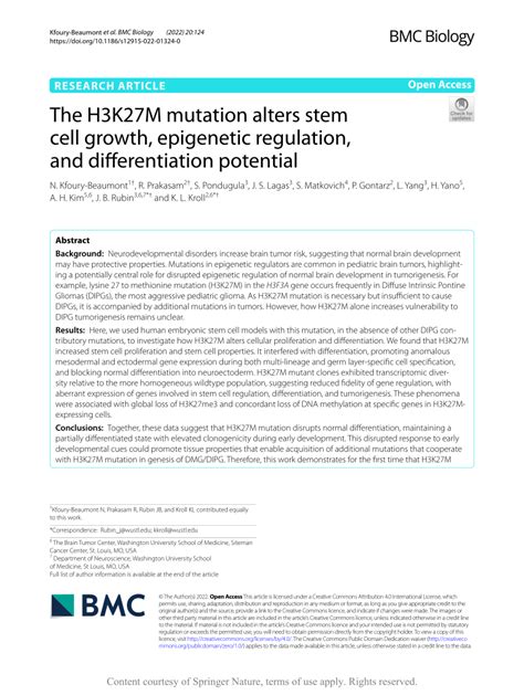 The H3K27M mutation alters stem cell growth, epigenetic .